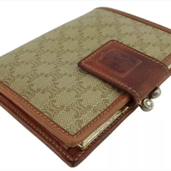 CELINE Bi -fold Wallet Macadam Beige PVC x Leather Authentic USED - Picture 3 of 11
